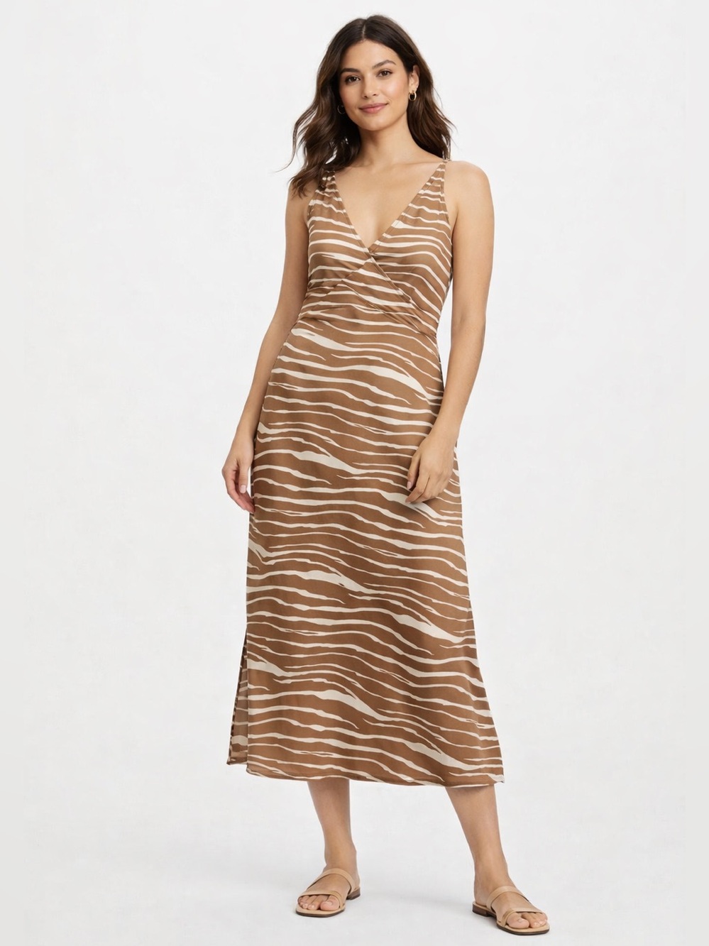 A New Day Satin Zebra-Stripe Slip Midi Dress in Camel&Cream Med EUC Resortwear